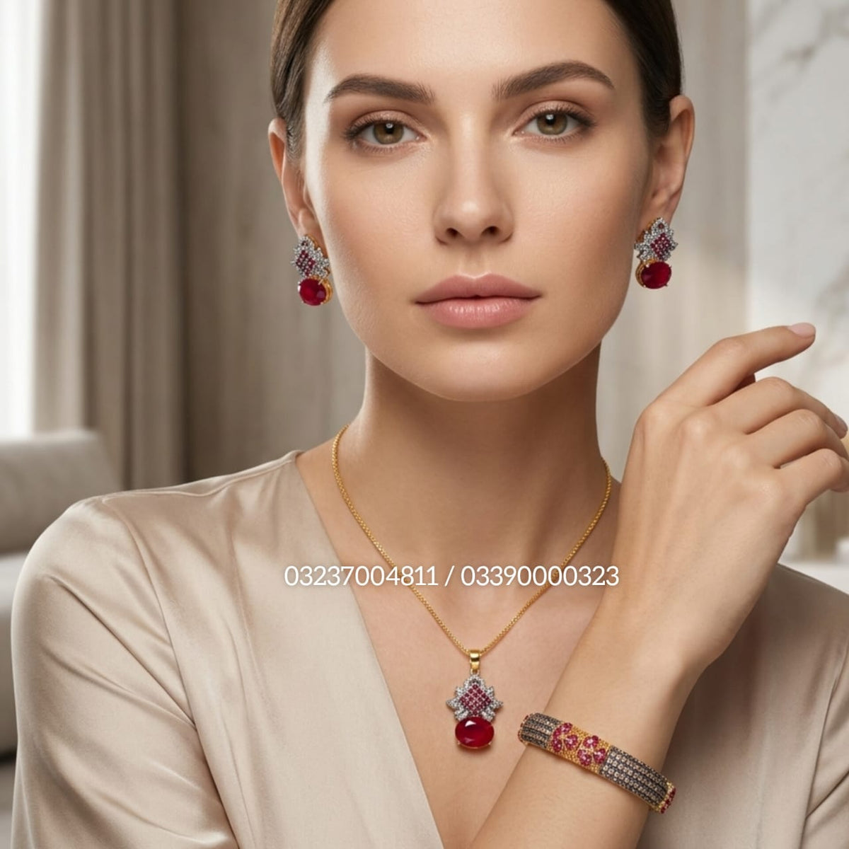 Diamond Cut Ruby Alifa Set With Bracelet