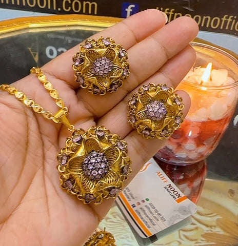 3d Diamond Cut Set Gold Plated High Quality with Chain