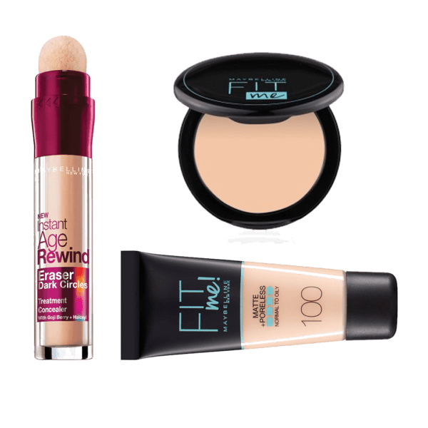 Fitme-Matte-Foundation,-Maybelline-Age-Re-winder-Concealer,-Compact-Powder.